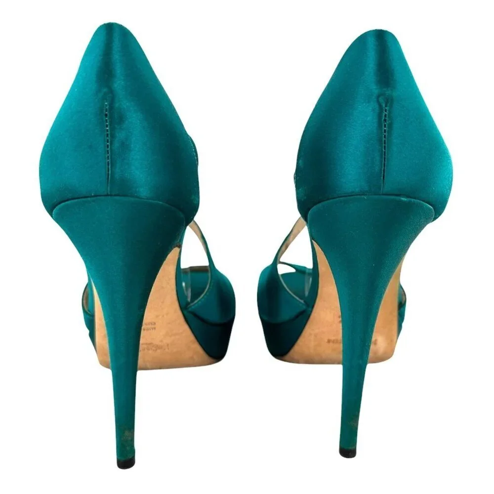 Saint Laurent Paris Turquoise Satin Tribute Cross Strap Platform Sandals Size 35 - Picture 8 of 11